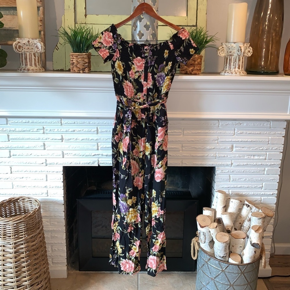 Xhilaration Black and Pink Off the Shoulder Tie Waist Summer Jumpsuit S NEW - Picture 2 of 6